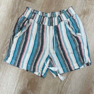 Briggs Shorts Womens XSmall Green Pink Pull On Linen Blend Striped